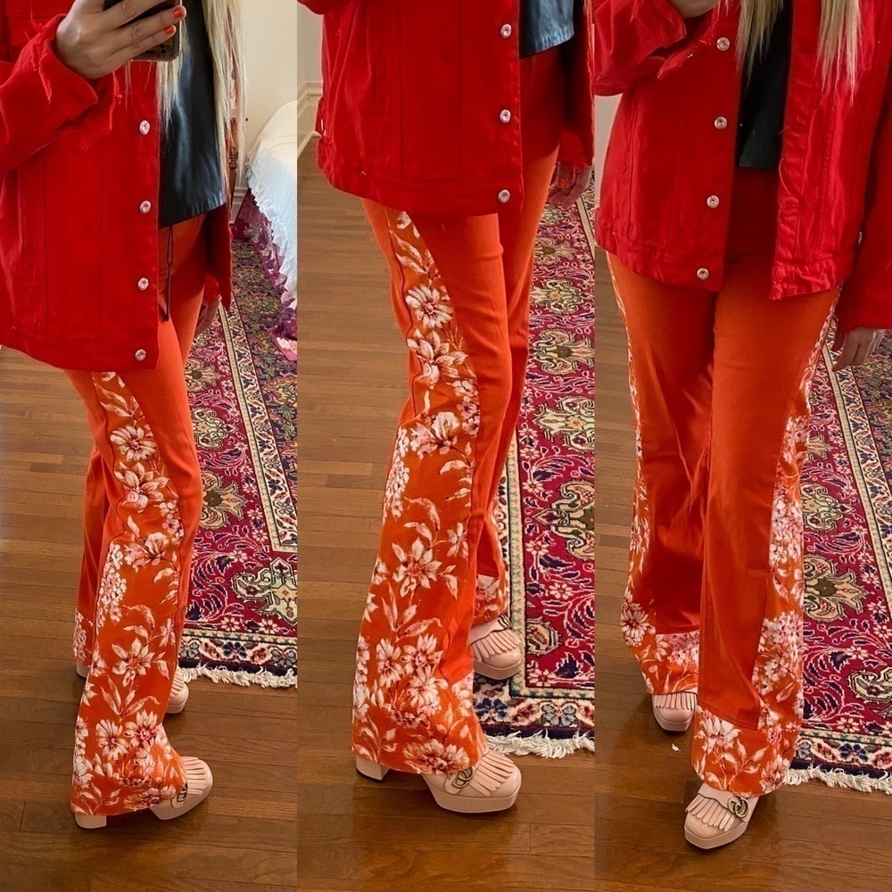 Reworked Straight Leg Orange Vintage Fabric Jeans